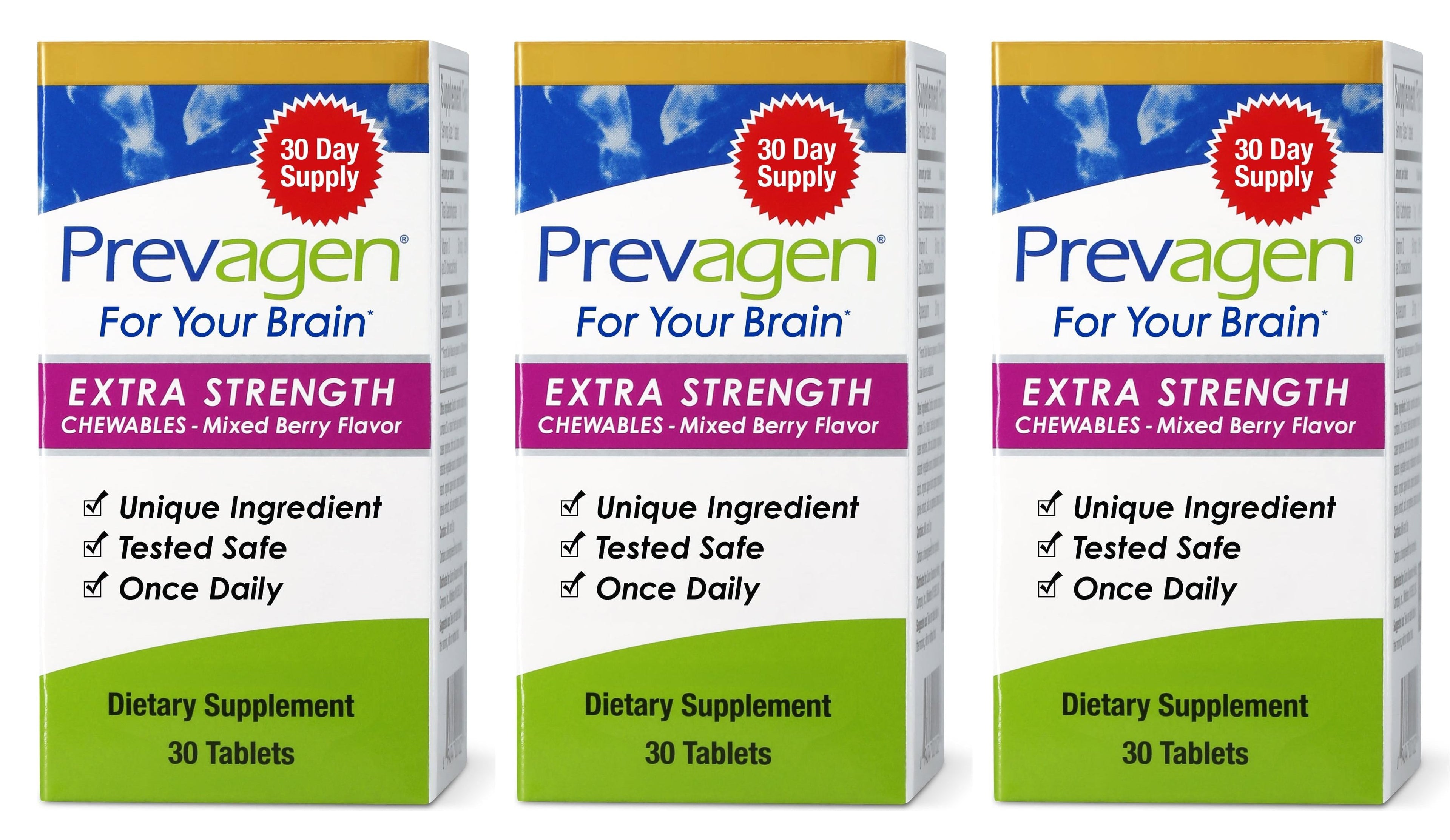 Three boxes of Prevagen Extra Strength Dietary Supplements for Your Brain on a white background