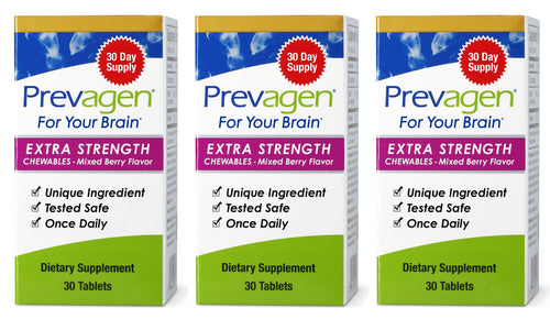 Three boxes of Prevagen Extra Strength Dietary Supplements for Your Brain on a white background