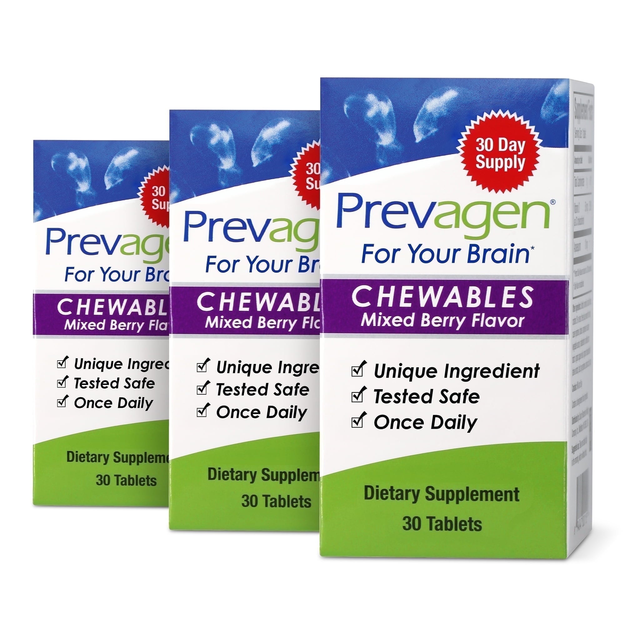 Three boxes of Prevagen Chewables for Your Brain in Mixed Berry Flavor on a white background