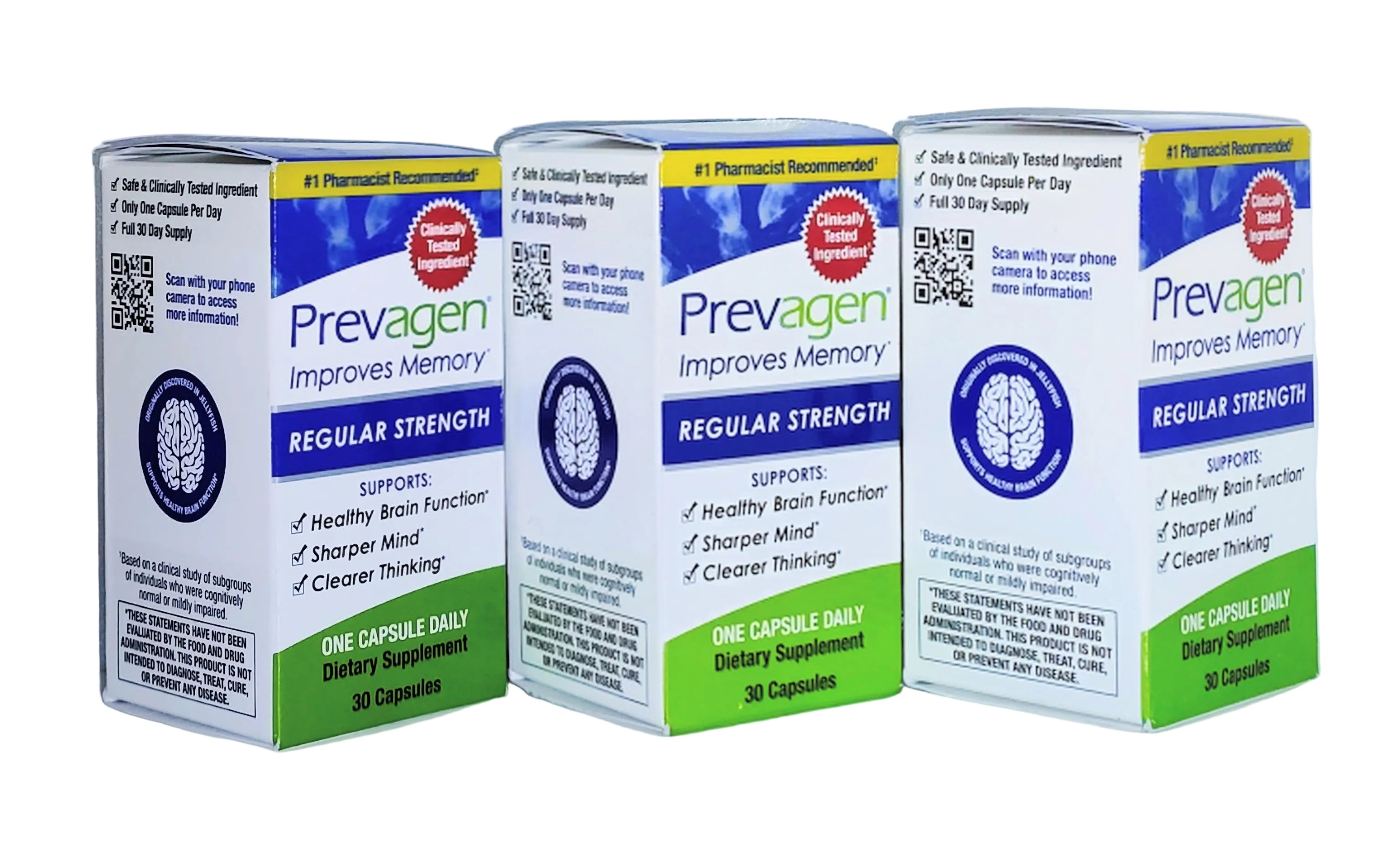 Three boxes of Prevagen memory supplement on a white background