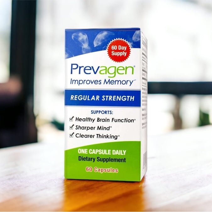 Prevagen supplement box on a table with a blurred background